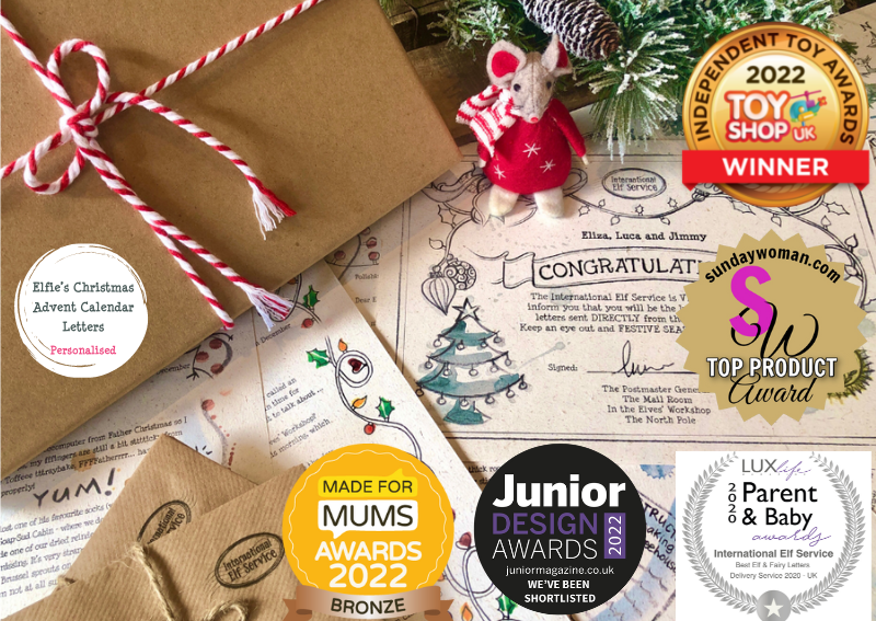 A brown box tied with candy cane cord and handcrafted letters next to it. The are various Award Badges across the image