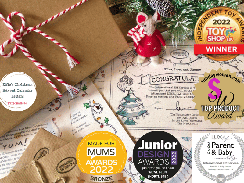 A brown box tied with candy cane cord and handcrafted letters next to it. The are various Award Badges across the image