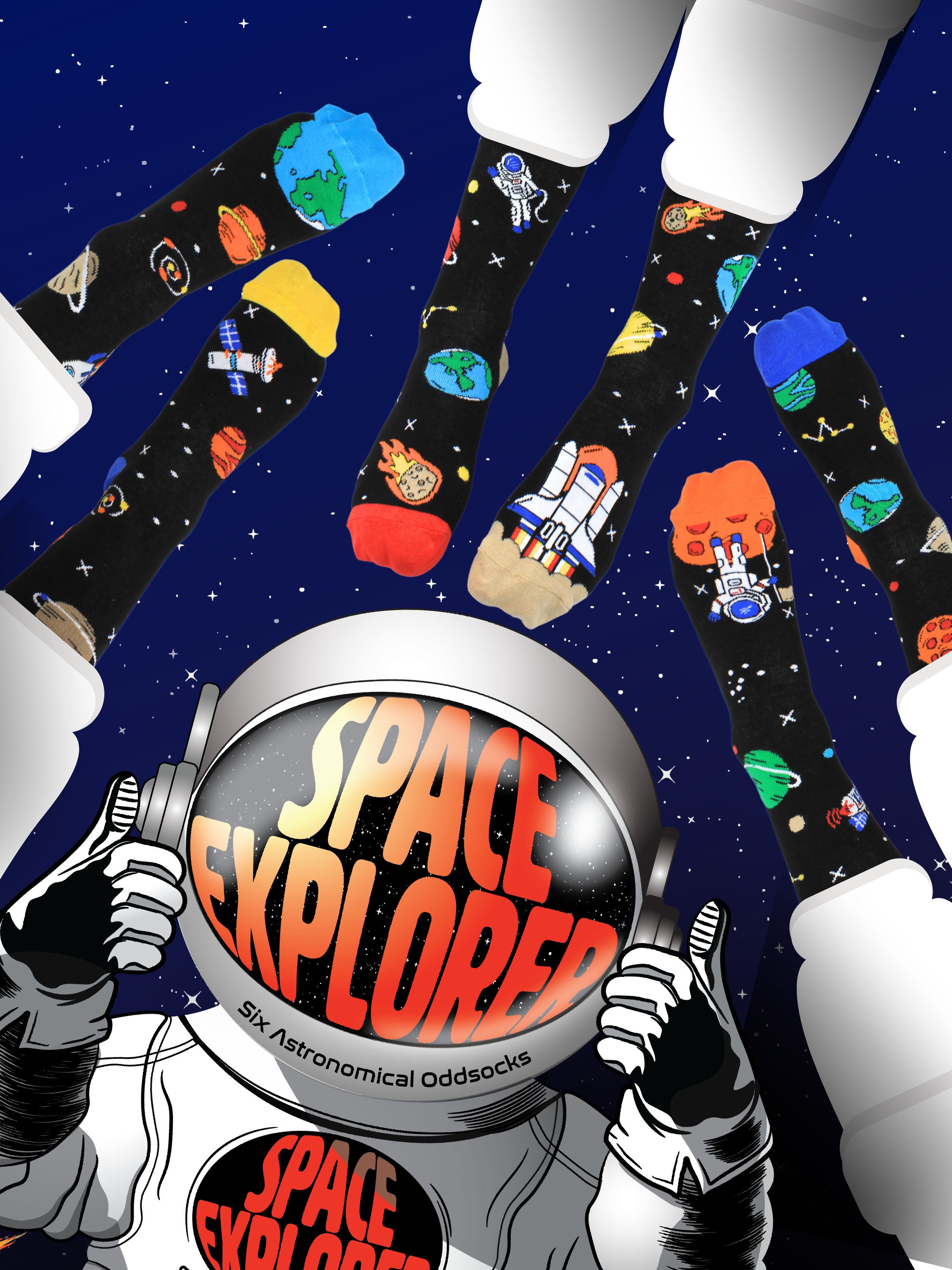 Blast off into style with Space Explorer! These stellar odd socks are perfect for adventurers. Featuring rocket ships, planets, and twinkling stars, they’re out
