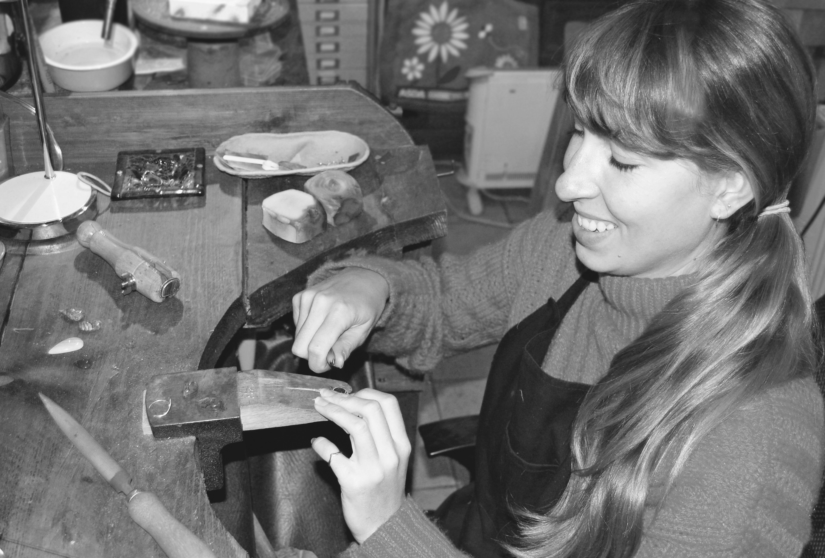 Designer-maker Kristina Summerfield at jewellery workbench