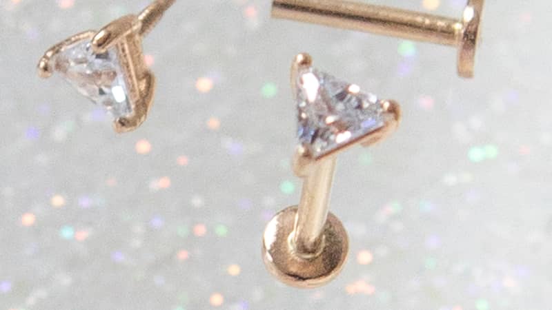 Tragus earring with labret back, Clear triangular cubic zirconia stone, 14 carat solid gold earring