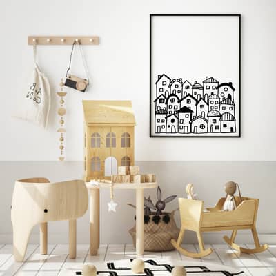 kids room with monochrome houses art print on wall