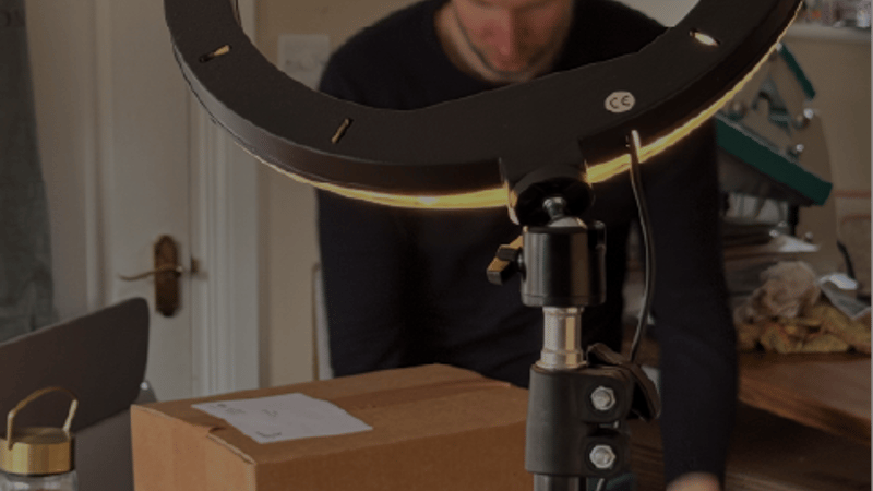 busy studio making customer personalised gift orders whilst using ring light to create social media content