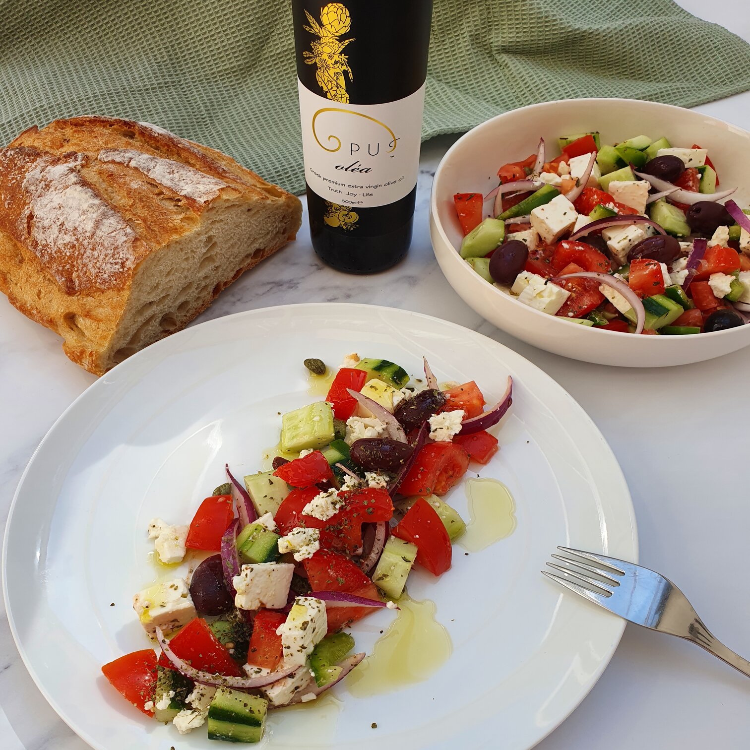 Greek salad with Opus Olea extra virgin olive oil