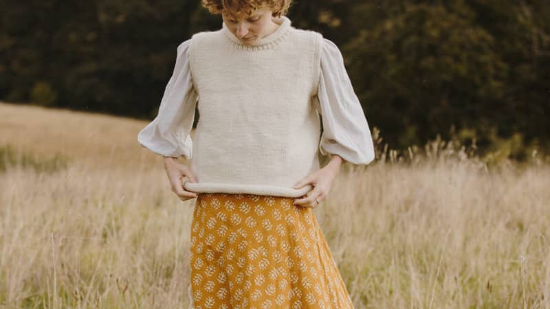 Hand block printed skirt and hand knitted vest inspired by slow living