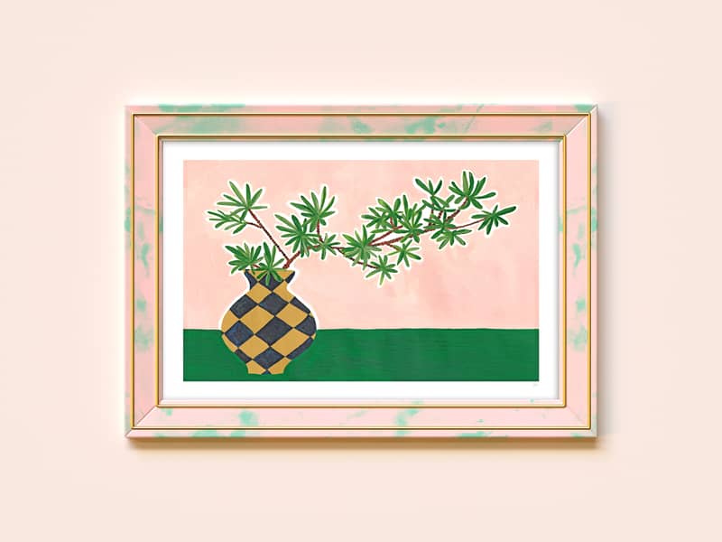 A modern pink and green green leafy plant in checked vase print
