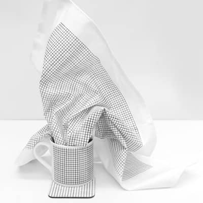 Monochrome Grid design Hand screen printed organic tea towel and bone china mug by Rolfe and Wills
