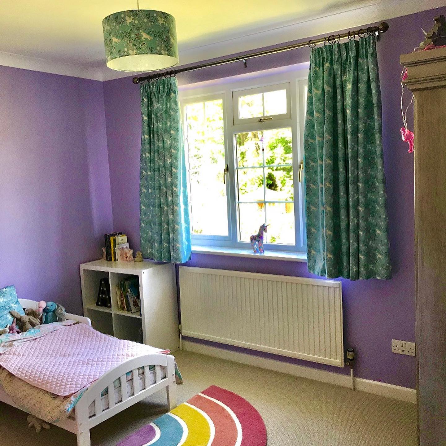 Glow in the dark teal fairy blackout lined curtains and matching lampshade. 