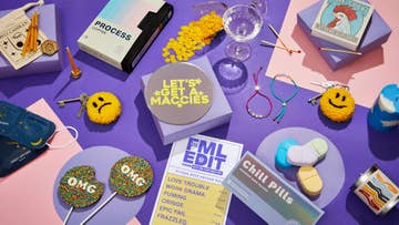 Group of products including a giant Omg Lolly, personalised Happy Sad Keyring and Let's Get A Maccies Mini Mirror