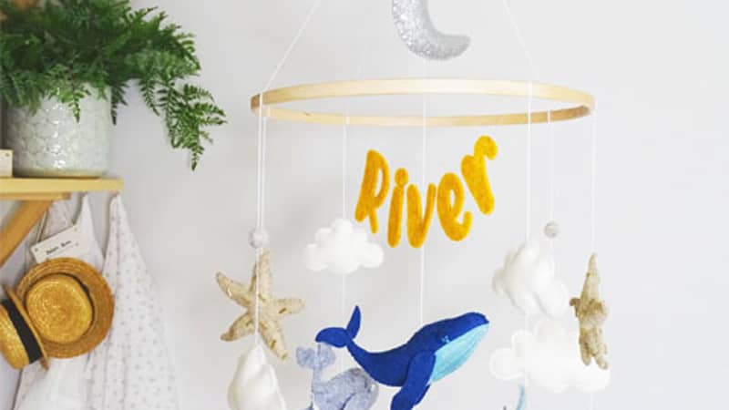 Handmade Blue Whale, Starfish and Cloud Themed Children's Nursery Mobile with Metallic Moon and Personalisation