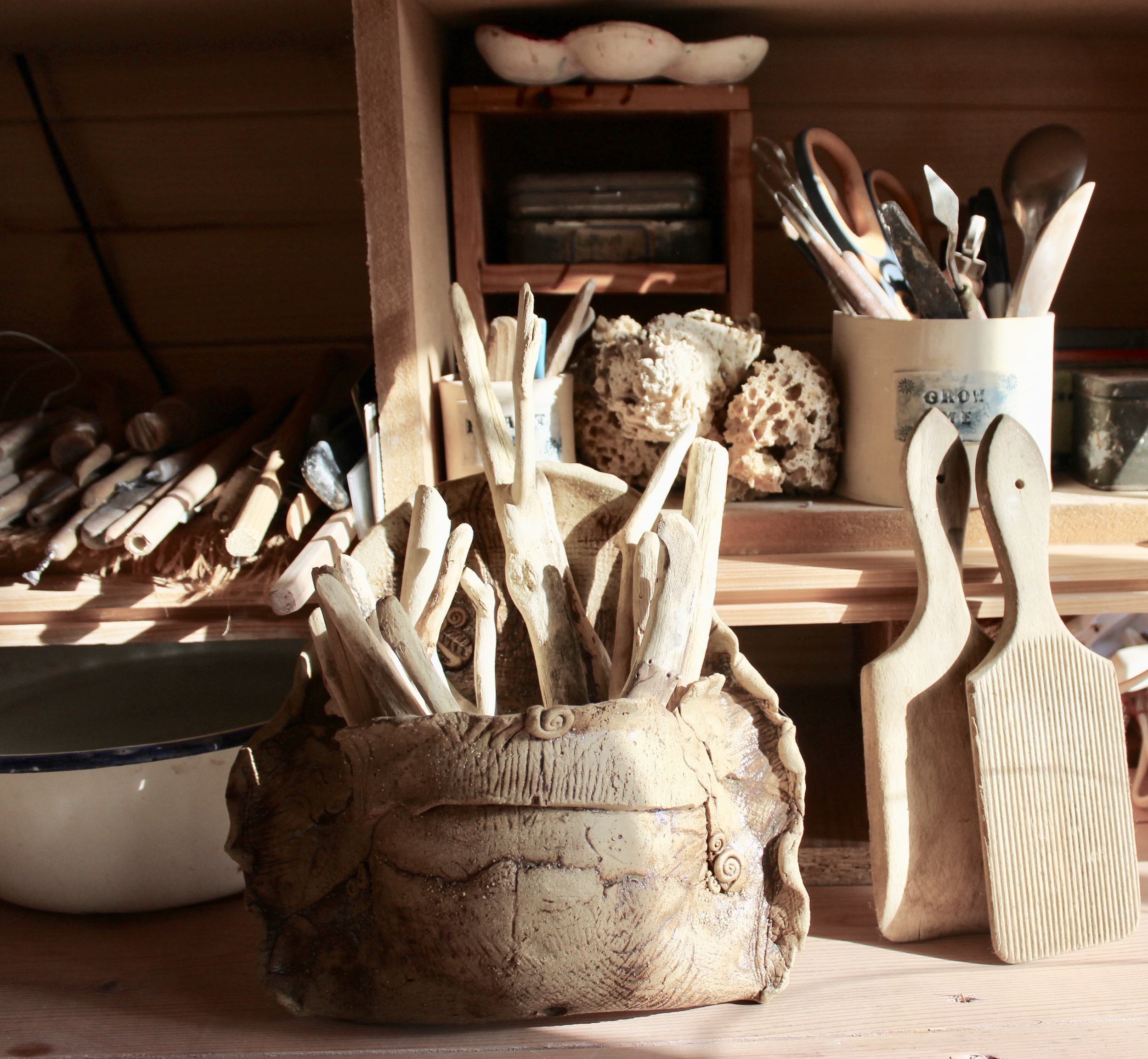 My collection of found objects and traditional tools. I use evrything from drift wood to old credit cards and rollers to create different surface patterns