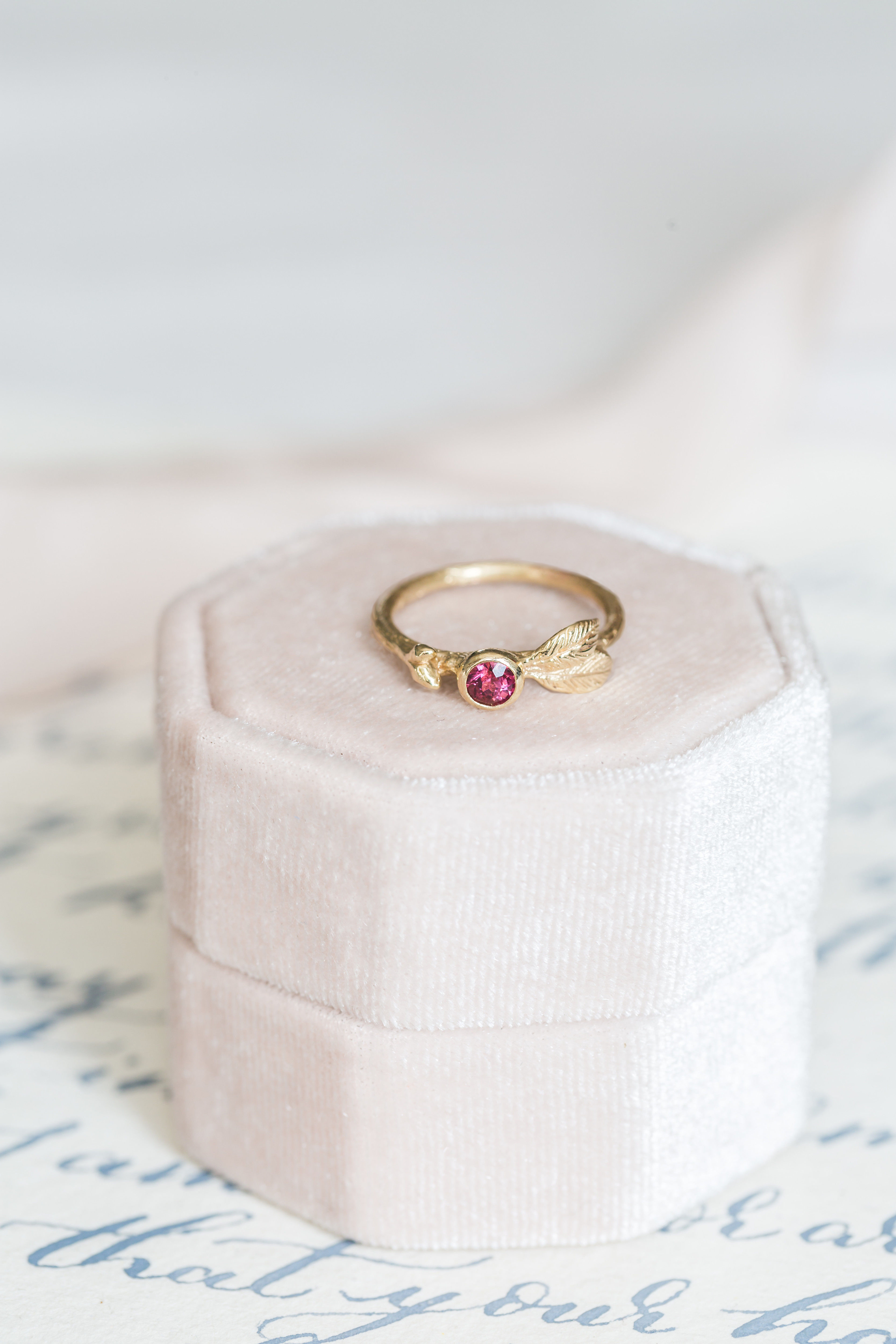 Garnet forest leaf ring