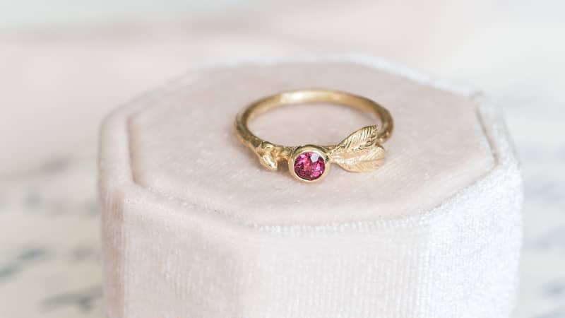 Garnet forest leaf ring