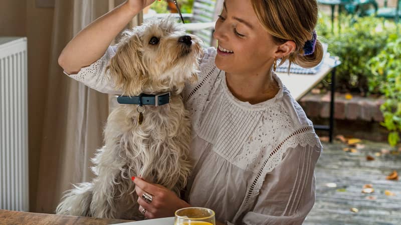 An image of a blonde girl and her dog sitting at a table painting in watercolour