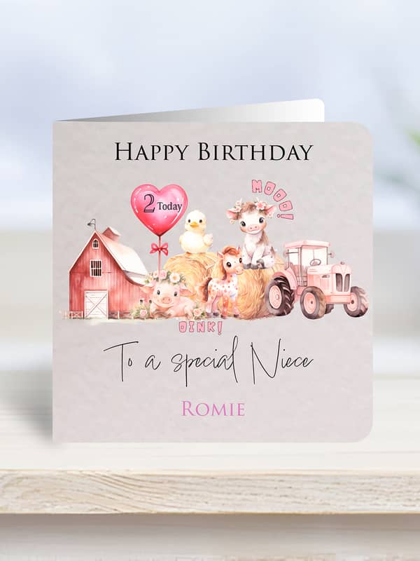 Personalised pink farm 2nd birthday girl toddler greeting card