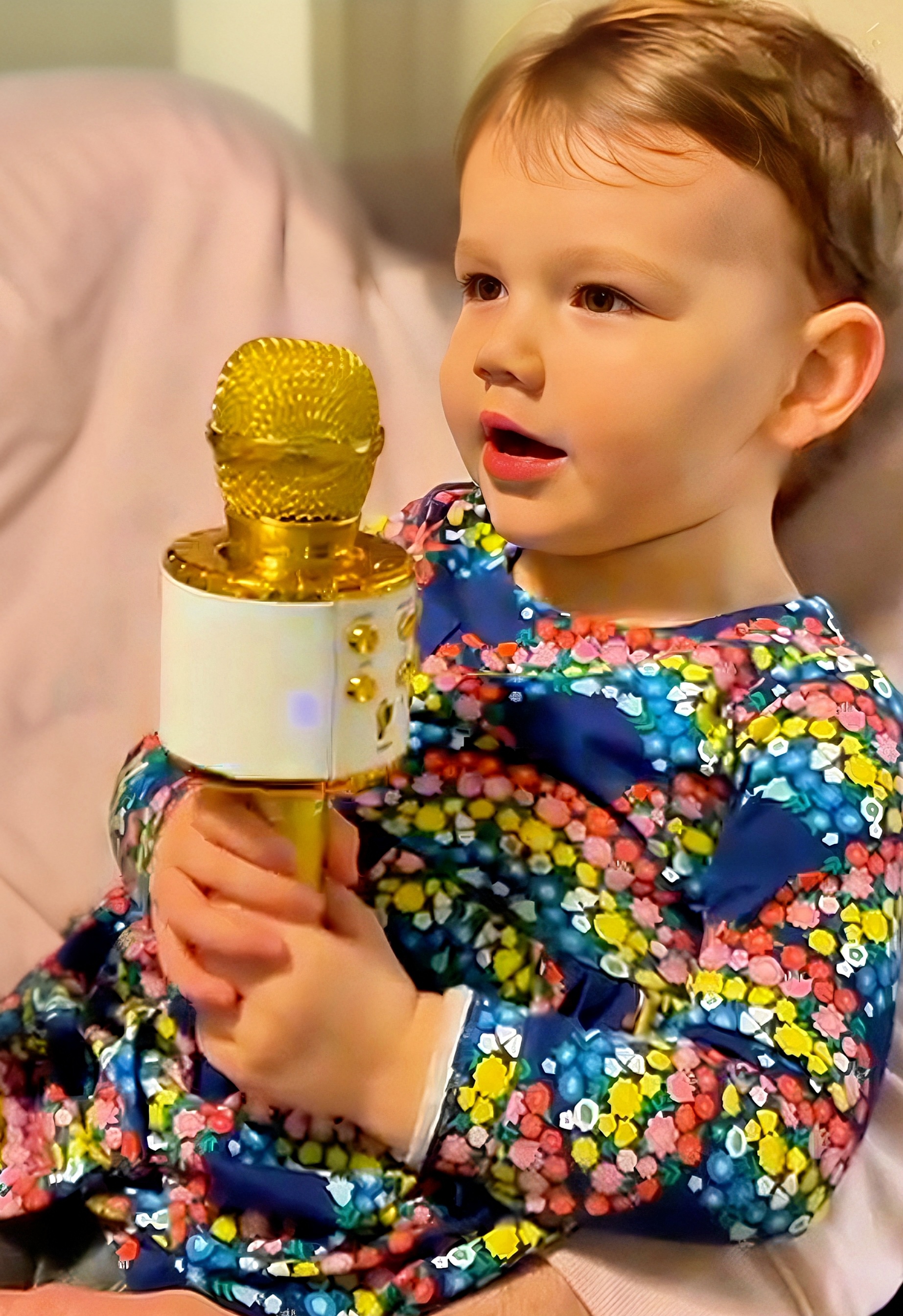 A happy child in a magical moment, celebrating her bespoke music birthday song designed just for her, singing into a golden microphone