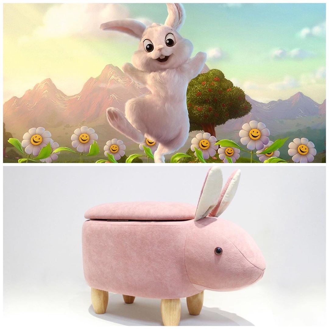 Rabbit footstool for the nursery or children's room, with a storage compartment for bits and pieces.