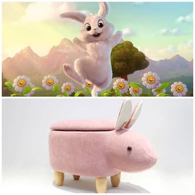 Rabbit footstool for the nursery or children's room, with a storage compartment for bits and pieces.