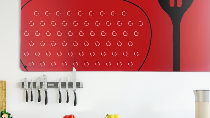 Utensils Magnetic Board - Metal Wall Art Panel in Red. Perfect for adding a pop of colour in the kitchen.