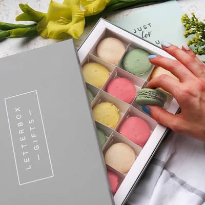 a box of letterbox friendly macarons to send as a birthday gift with next day delivery for last minute birthday gifts