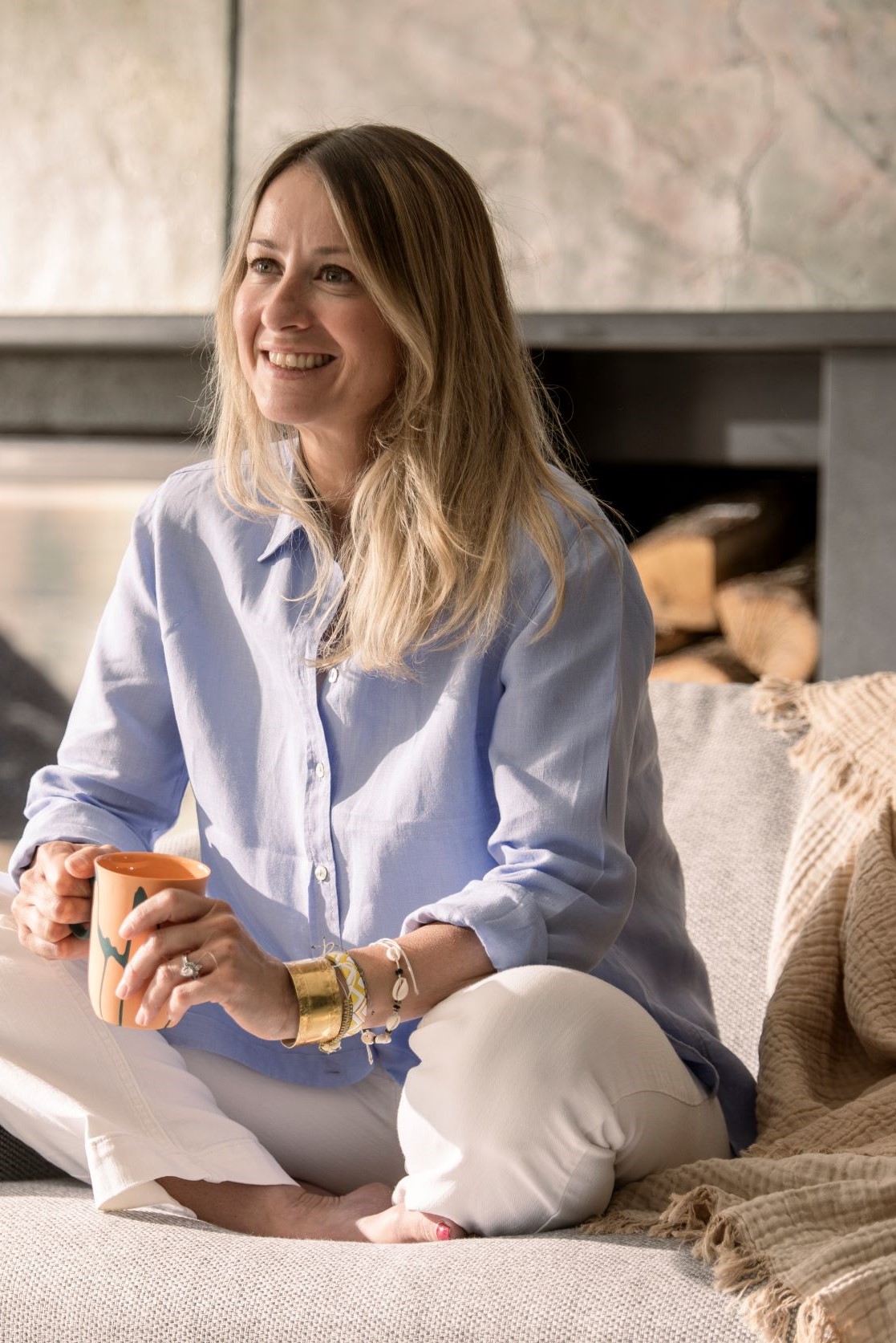 ikat silk cushions and herringbone blanket