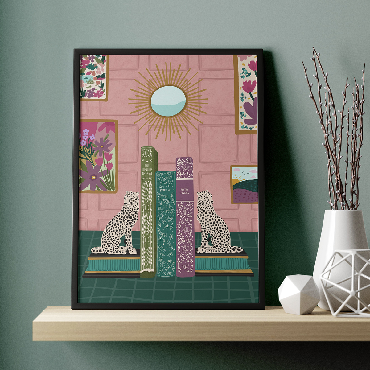 Quirky art print with cheetah bookends
