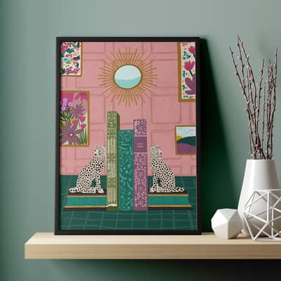 Quirky art print with cheetah bookends