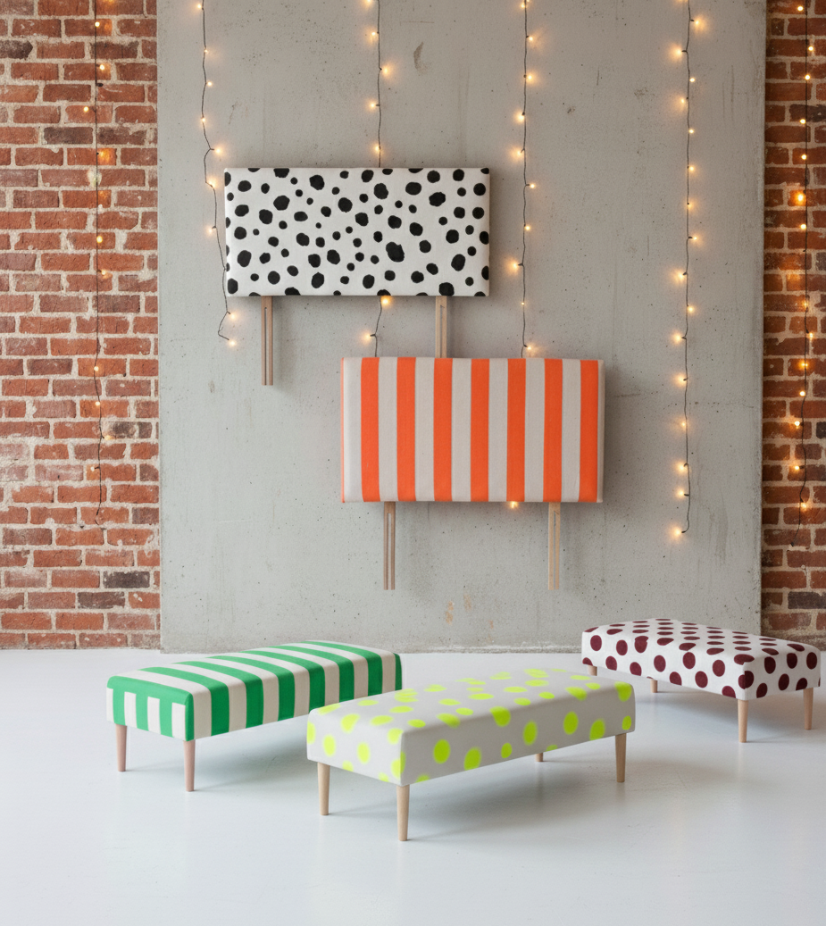 Upcycled Upholstery sustainable hand-printed stripe linen headboards, ottomans and footstools 