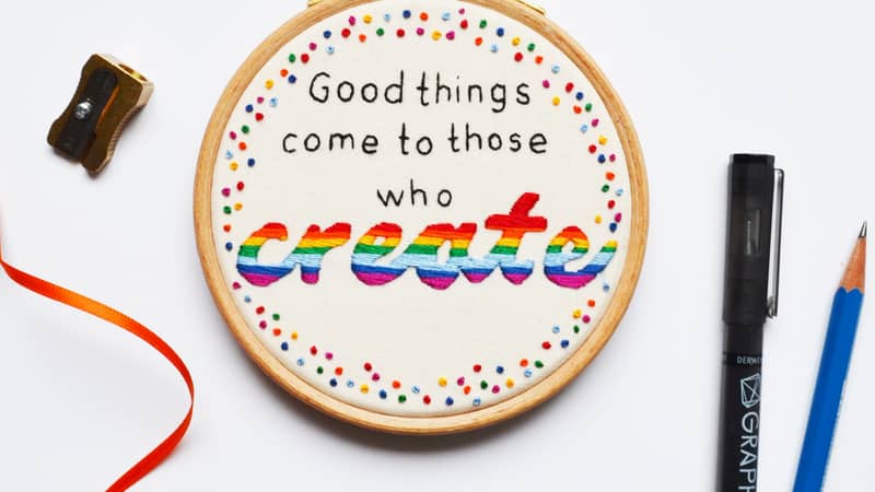 a rainbow themed hand embroidery of the quote 'Good things come to those who create'