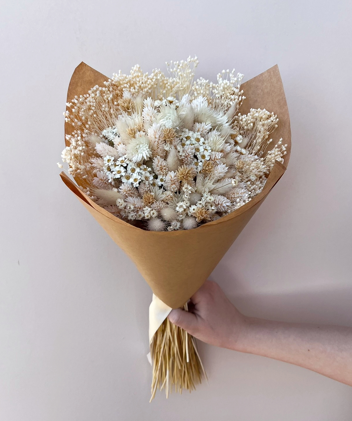 Daisy chain cream and white dried flower bouquet with dried daisies made by willow cottage flowers