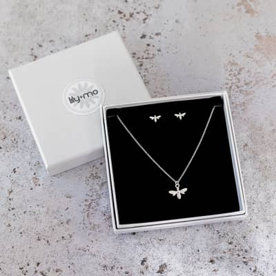 Silver bee necklace and earrings
