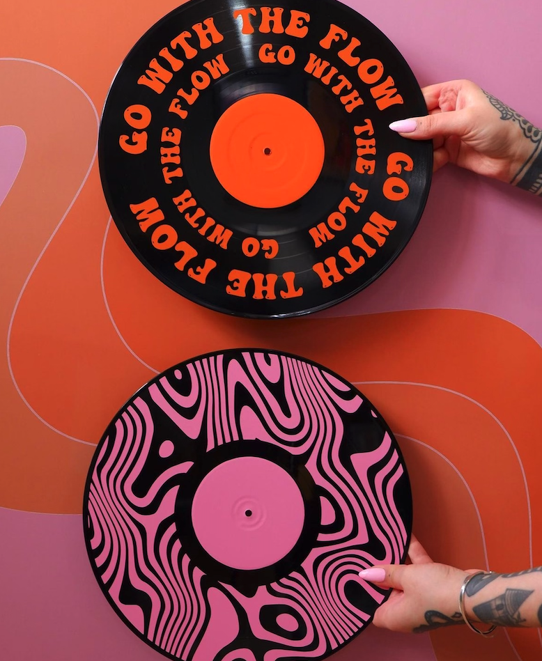 lp record round go with the flow swirl psychedelic pattern pink