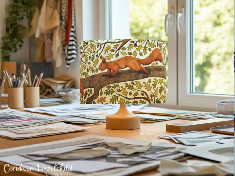 Squirrel lampshade on a table lamp base in creative studio with sketches, paper, and greenery outside window – handmade woodland decor.