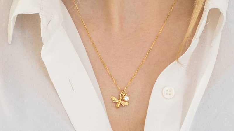 Gold April birthstone & bee necklace