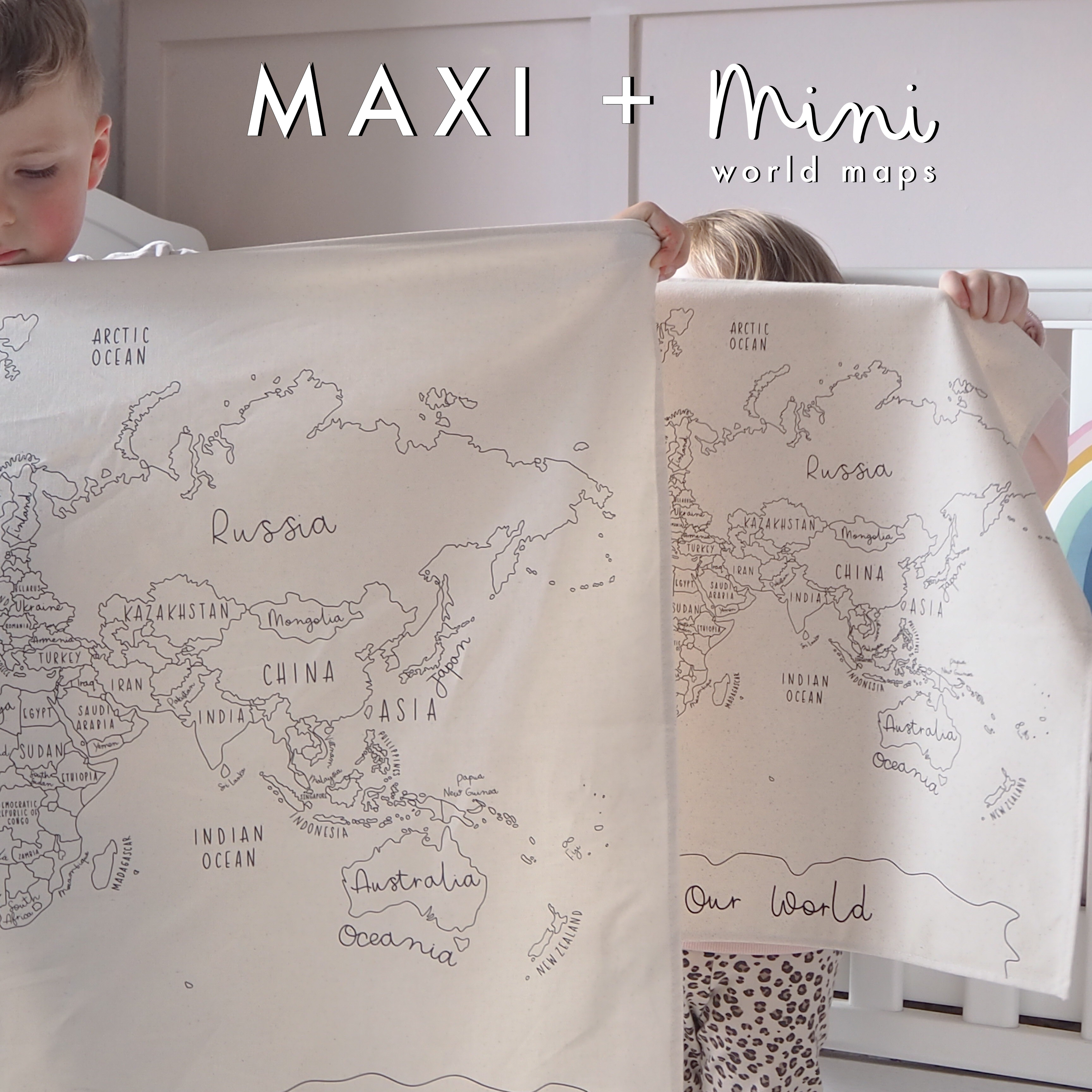 Large and small fabric world maps