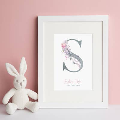 Grey Floral Initial Print