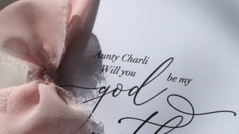 Luxury personalised Will you be my godmother card with blush pink chiffon ribbon