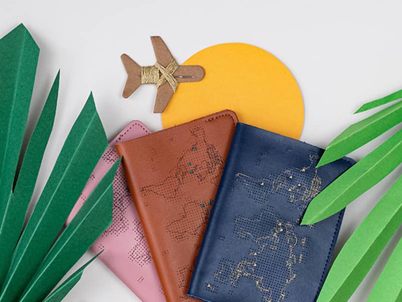 Chasing Threads passport covers in real leather material in pink brown and navy