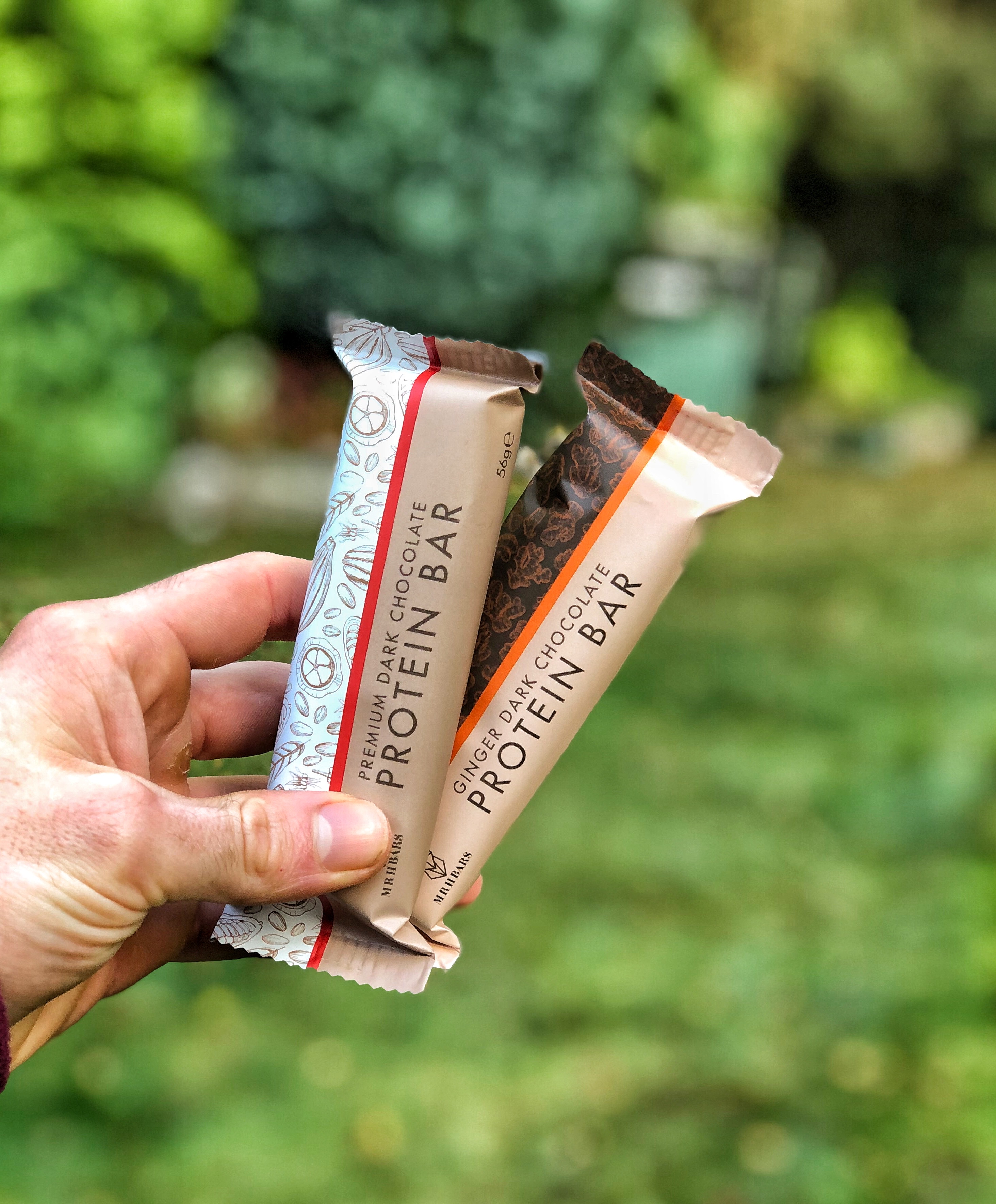 Photo of the dark chocolate premium protein bar and also the dark chocolate and ginger premium protein bar 
