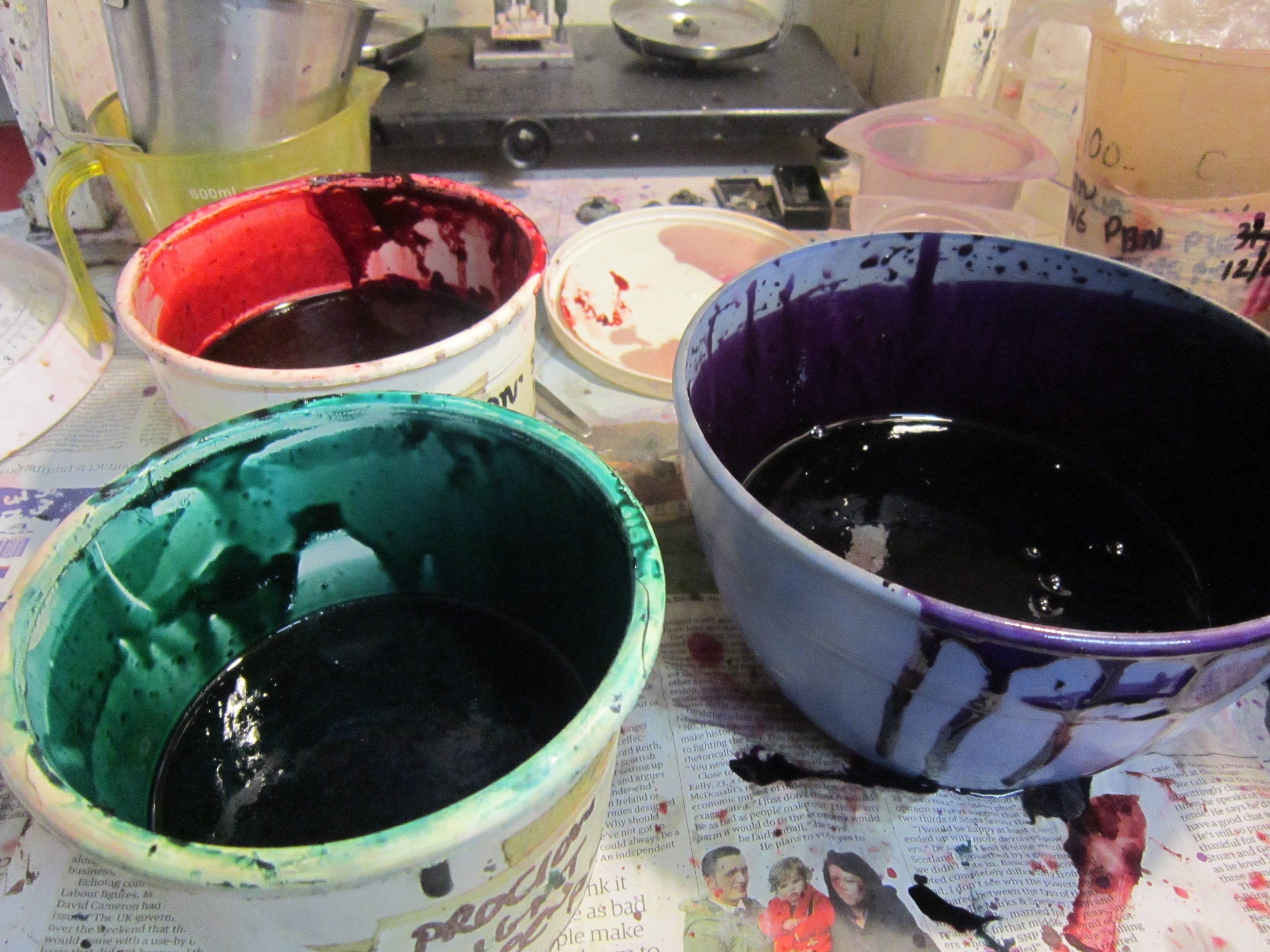 Hand mixed dyes to print on the cloth.