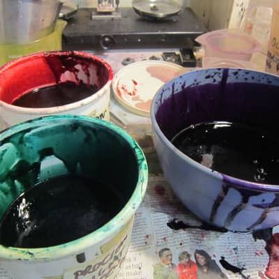 Hand mixed dyes to print on the cloth.