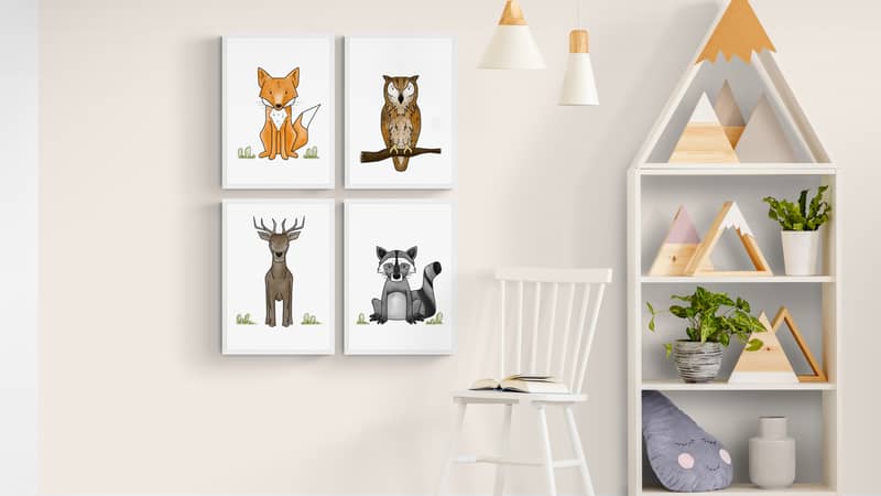 Woodland print set, fox, owl, deer and raccoon