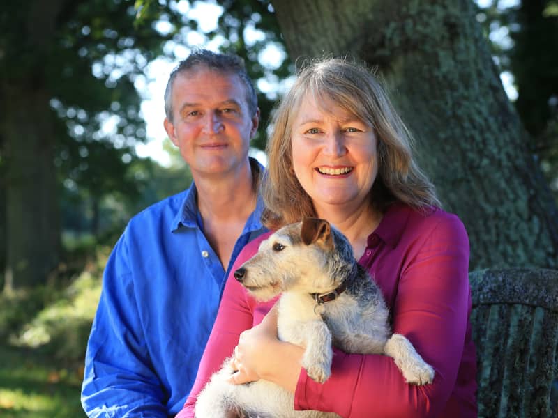 Founders of LittleLeaf Organic, with Eddie the dog