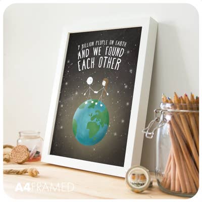 A lifestyle shot of a framed print on a shelf.