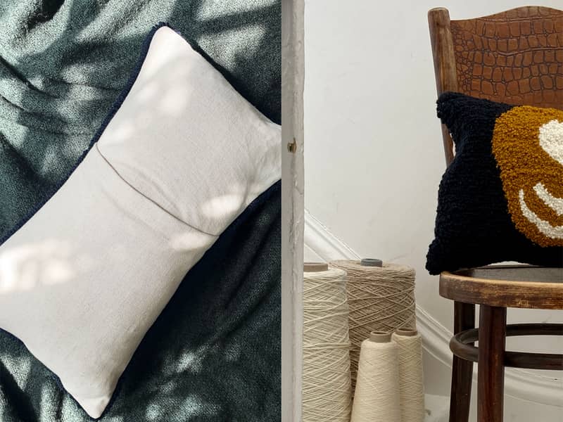 A twofolde tufted cushion back made from dead-stock Irish linen and another one of our cushions next to the yarn used to create it.