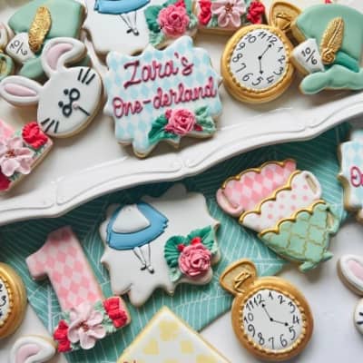 White and Gold wedding themed iced biscuits