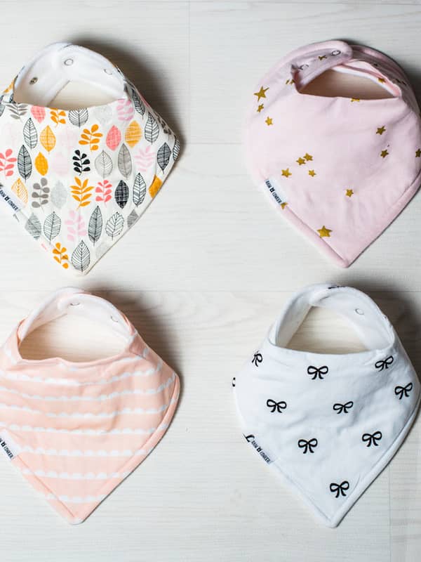 Premium bandana bibs, screen printed exclusive designs. Organic cotton front, fleece backing. Larger fit than typical high street models. Extra absorbent.