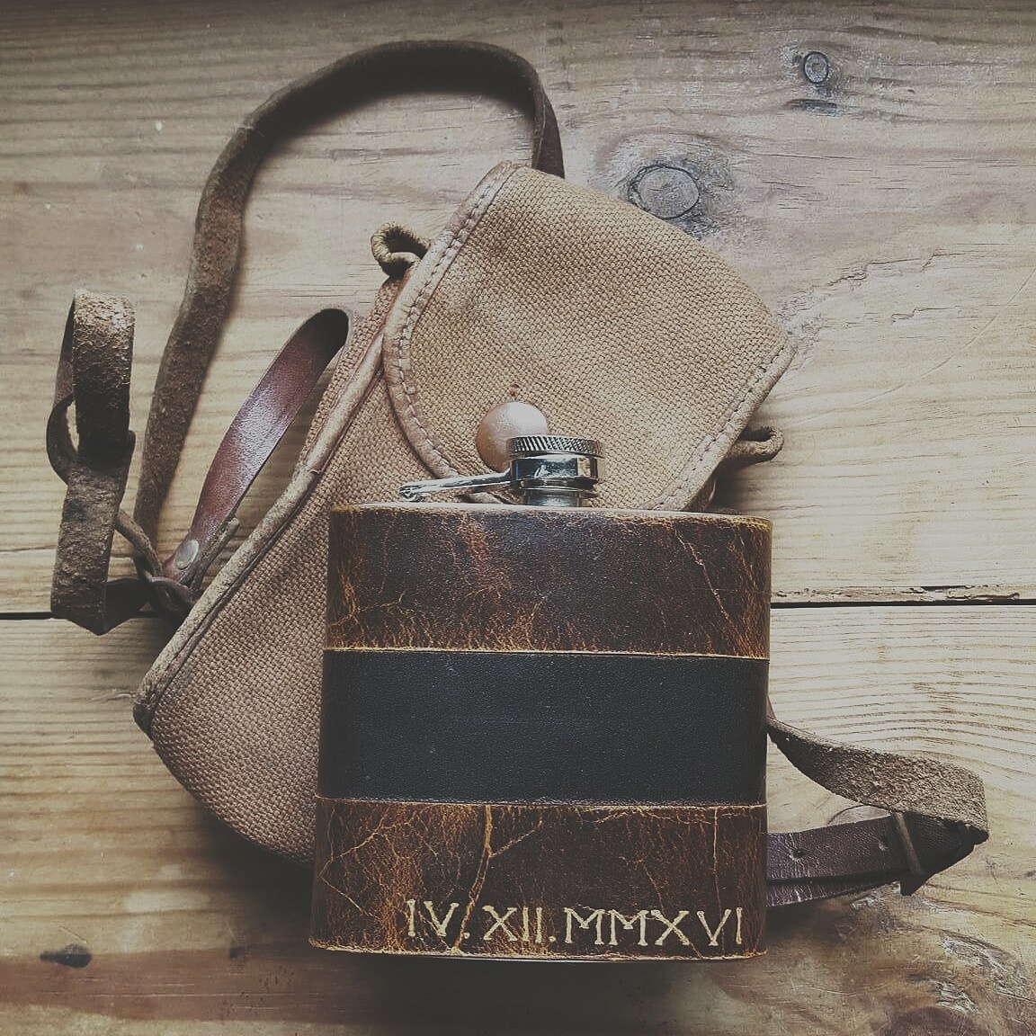 personalised leather hip flask with roman numerals
