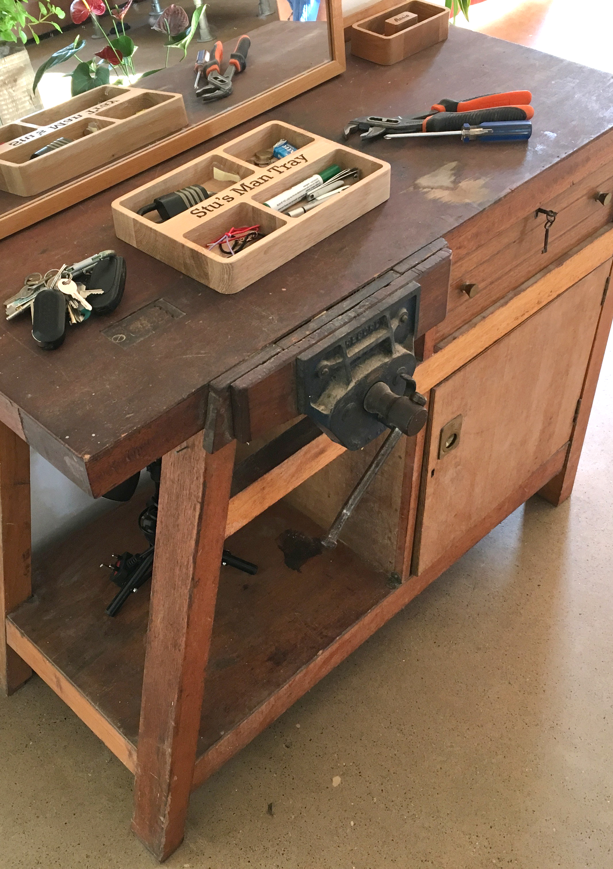 The old and the new - Stuart's favourite old workbench repurposed as a side table, an ideal spot to store an Oak Organiser Tray