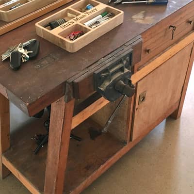 The old and the new - Stuart's favourite old workbench repurposed as a side table, an ideal spot to store an Oak Organiser Tray